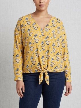 Denver Hayes Yellow Floral Tie-Front V-Neck Blouse